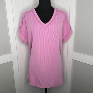 Yesfashion Blouse Women Large Pink Purple Ribbed Knit Short Sleeve V-Neck Top